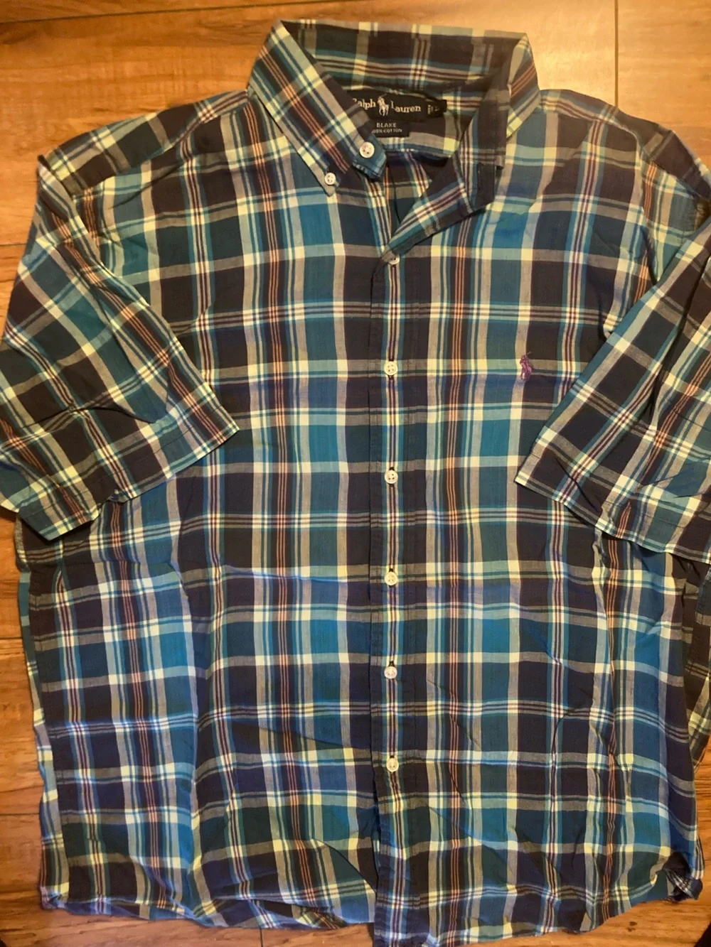 Ralph Lauren Blake Mens L Blue Plaid Button Down Shirt Purple Pony 100% Cotton